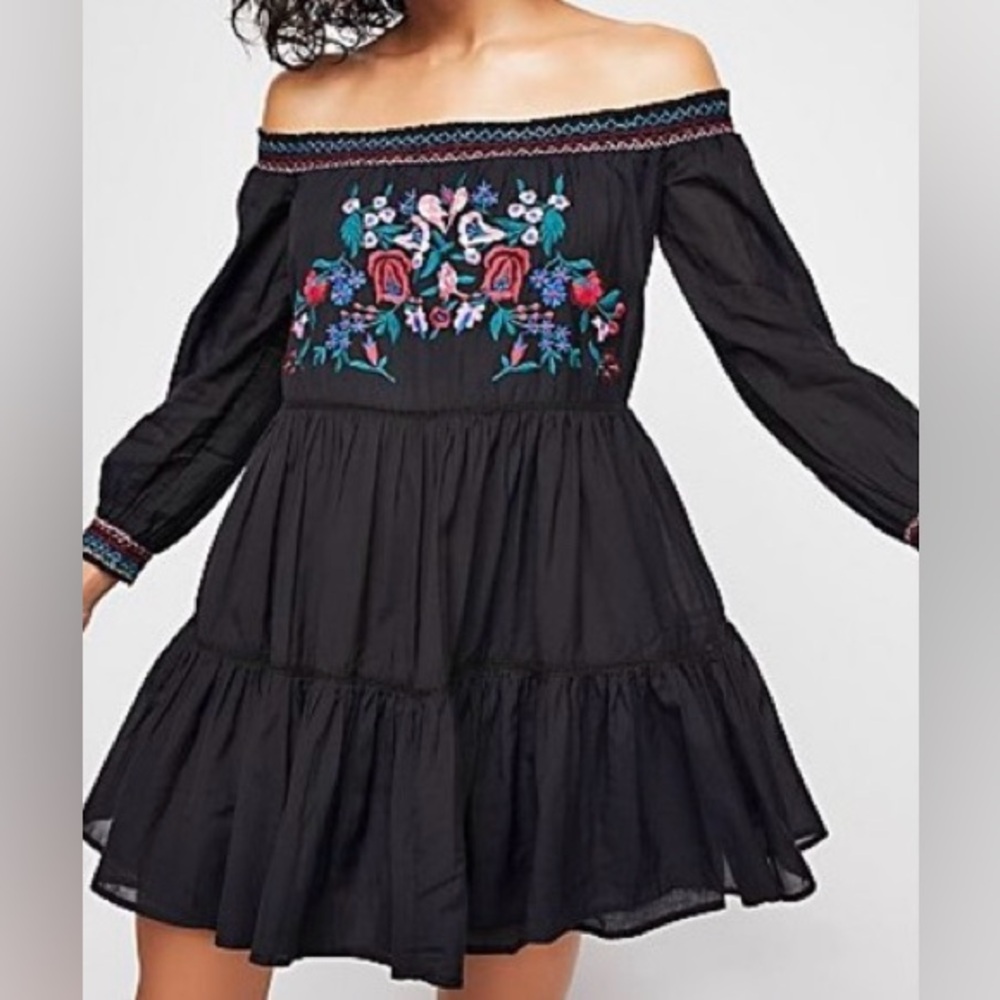 Free People Black Dress with Colorful Floral Embroidery